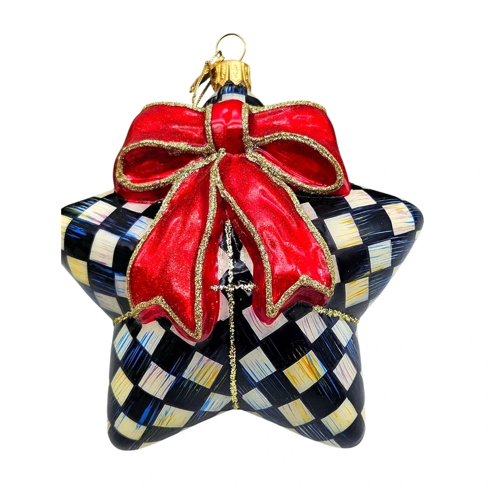 RARE MacKenzie-Childs Courtly Check Star w/ Bow Ornament Black White Red + Box